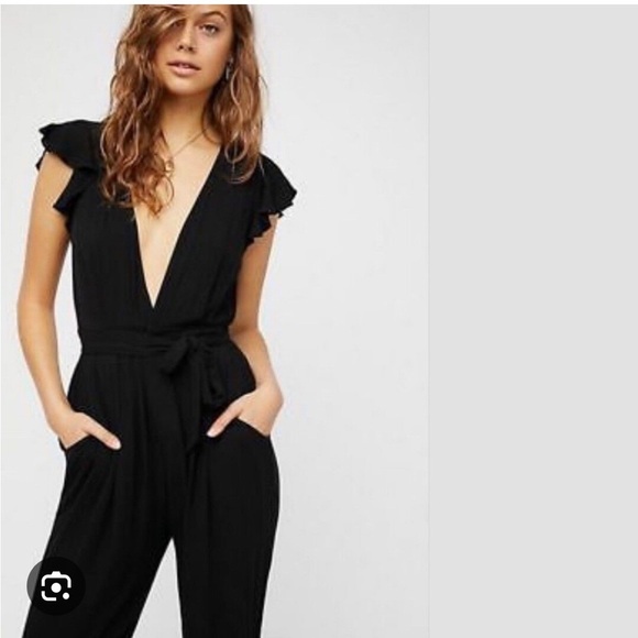 Free People Black Ruffle Your Feathers Deep V Flutter Sleeve Jumpsuit | M - Picture 3 of 7